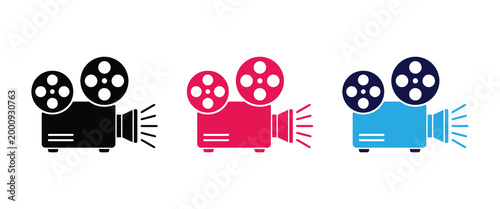 Colorful film camera icons in black, pink, and blue