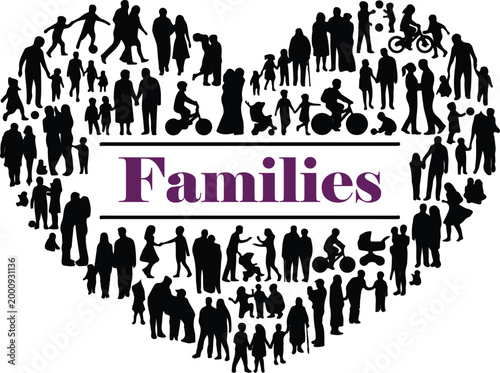 Heart shaped design of family silhouettes with strollers children and parents symbolizing unity diversity and love with Families text