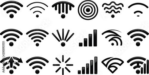 Collection of various black wifi signal strength icons