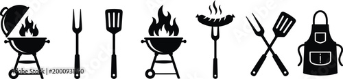 Black silhouette icons of barbecue tools and grills