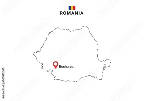 Map of romania with the capital city bucharest marked with a location pin icon