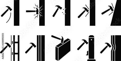 Картината върху платно Industrial Impact Testing Hammer Symbols Vector Icon Set for Material Durability