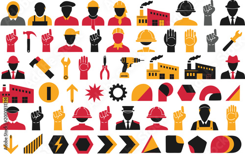 Construction industry professional worker and factory vector icons