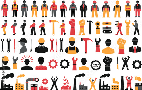 Construction workforce and industrial management vector icons