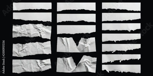 Set of various torn paper strips and ripped edge pieces with rough texture isolated on black background