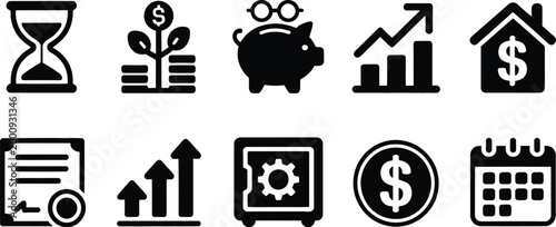 Financial Icons Set Solid Style Banking Money Investment and Savings Symbols