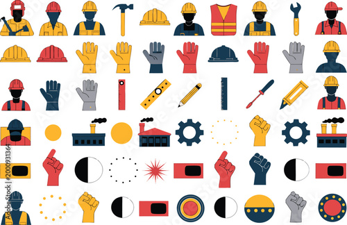 Professional construction site and industrial worker vector icons