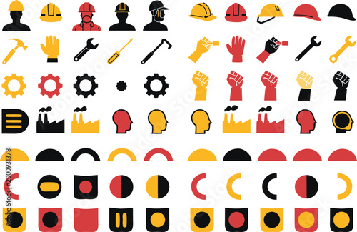 Industrial construction worker icons set with tools and safety gear