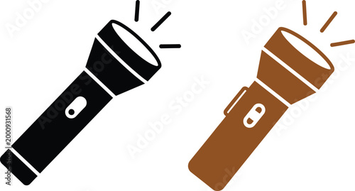 Black and brown flashlight icons showing light beam symbol for camping and emergency equipment