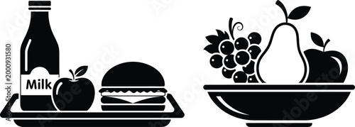 Black and white vector icons of food sets with a milk bottle burger, and fresh fruit in a bowl