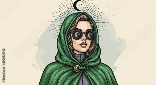 Mysterious Woman in Green Hooded Cloak and Sunglasses Vector Illustration