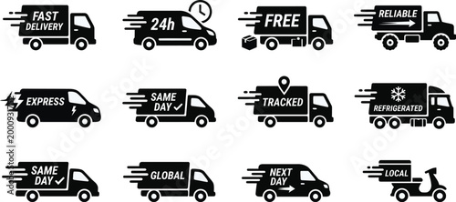 Collection of delivery truck icons with various service labels