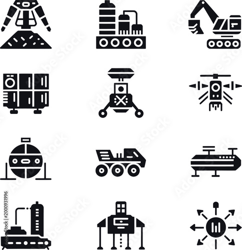 Black and white glyph of industrial machinery and space exploration vehicles