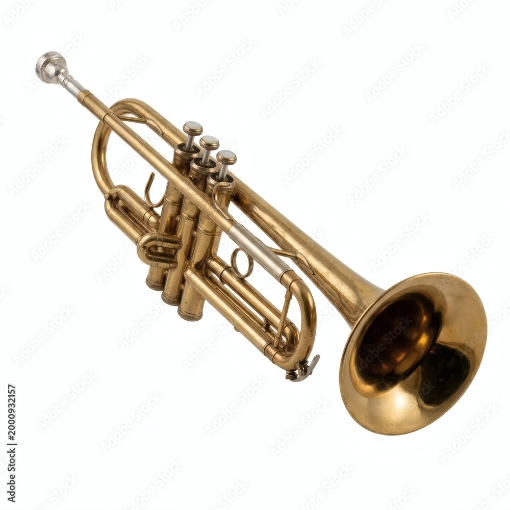Obraz premium A shiny gold trumpet with silver valves on a white background