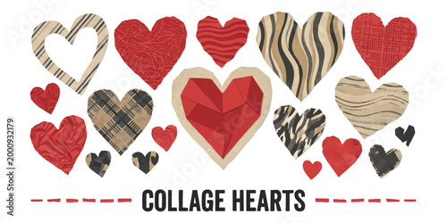 Set of decorative hearts with various patterns and solid red colors for valentine day and romantic designs