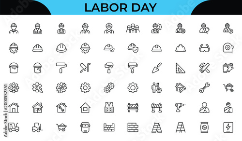 Labor Outline Icon Set – Construction, Renovation and Labor Day Linear Symbols Collection in Flat Minimal Style, Editable Stroke, Modern Vector Illustration