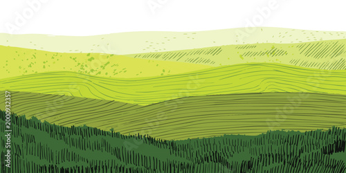 Quadro em tela Abstract green rolling hills landscape with layered textures and geometric shape