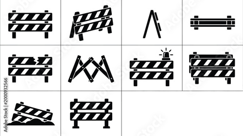 Tableau sur toile Construction barrier icon set, black and white road block vector elements, indus