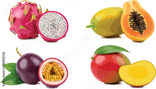 Vector set of exotic tropical fruits including dragon fruit papaya passion fruit and mango with sliced halves for healthy organic juice and summer food concepts.