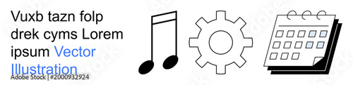 Organization, productivity, creativity, engineering, scheduling, music. Features music note, gear and calendar icons with a clean design. Productivity and creativity concept