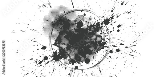 Black ink splash and paint splatter inside a thin circle frame design element