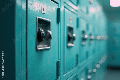 A row of teal lockers creates a repeating pattern in a school hallway.