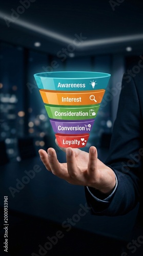 Hand pointing at marketing funnel stages illustration