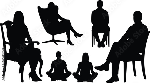 People silhouettes set sitting on chairs meditation poses and relaxed human figures collection isolated black icons