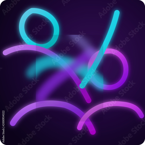 Abstract glowing sale symbol composed of neon cyan and magenta light strokes on dark backdrop.