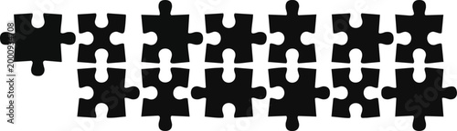 Black jigsaw puzzle pieces in two rows with one piece detached