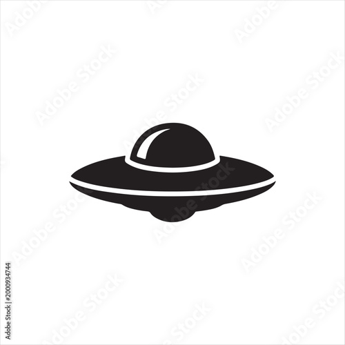 Black silhouette of a flying saucer spaceship in the air  simple graphic illustration
