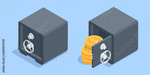 Isometric vector closed and open safe with gold coins, in color on a blue background, reliable protection of finances or bank deposit