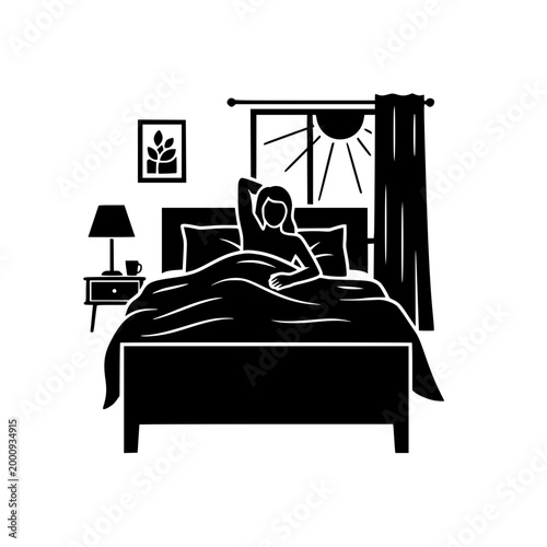 Silhouette of a Person Waking Up in Bed During Sunrise Vector Illustration
