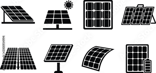 Verschiedene Solarpanel-Icons, die erneuerbare Energie, Solarenergie und Photovoltaik-Systeme darstellen, inklusive flexibler und tragbarer Designs.