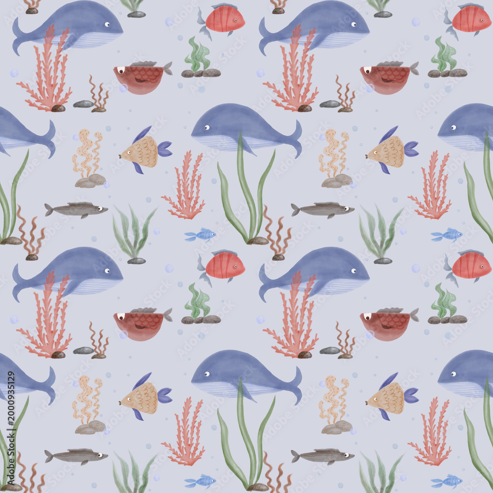 Naklejka premium Cute seamless pattern with colorful fish and flowing seaweed in a playful, childlike style. Soft shapes and bright colors create a friendly underwater world, perfect for kids.