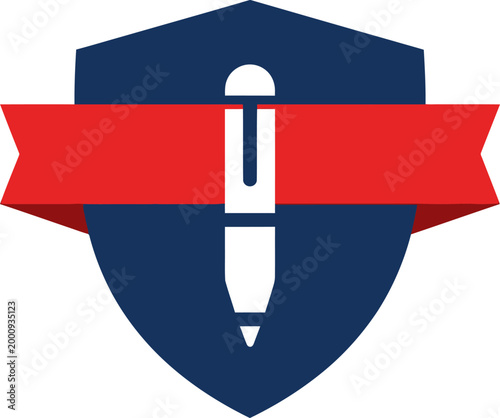 Professional vector graphic icon of a shield with a red banner and a white pen, representing editorial excellence, secure content, and creative writing for various applications