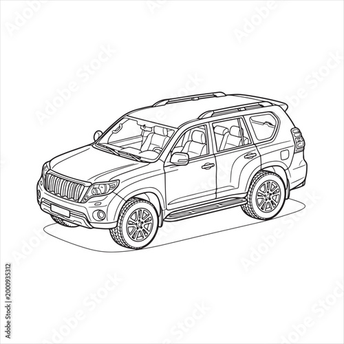 Line drawing of a four door SUV vehicle with roof rack and tires