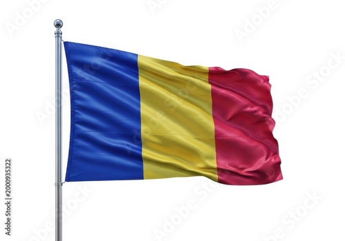 Waving flag of romania on a flagpole, isolated on white background