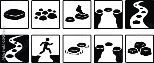 Schwarz-weiße Piktogramme und Symbole, die Trittsteine, Wege, Hindernisse und Fortschritt darstellen, ideal für Konzepte von Herausforderungen und Lösungen.