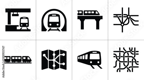Detaillierte Sammlung schwarzer Icons zum Thema öffentlicher Nahverkehr, U-Bahnen und Züge, inklusive Stationen, Tunneln und Streckenplänen.