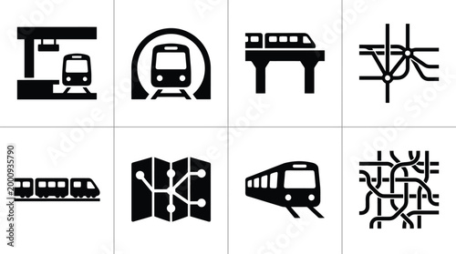 Schwarz-weiße Icons von Zügen, U-Bahnen, Bahnhöfen und Liniennetzen für den öffentlichen Nahverkehr.