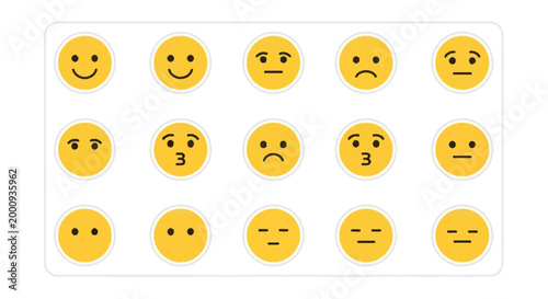 A collection of yellow emoji faces displaying various emotions and expressions.