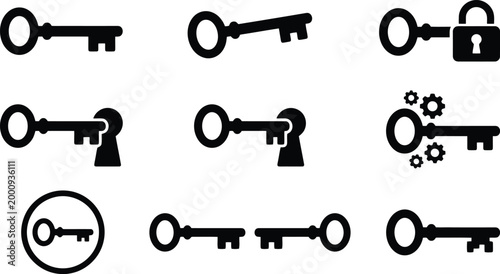Vintage skeleton key icons set, black silhouette security symbols, antique door key and padlock vector collection for web and graphic design
