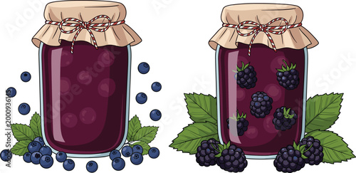 Homemade berry jam jars with fresh blueberries and blackberries illustration set featuring organic preserves and natural fruit spread packaging design