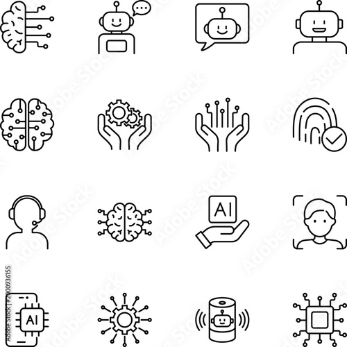 AI brain robot machine learning technology icons, brain, robot, gears, fingerprint, headset, chip, smartphone, speaker