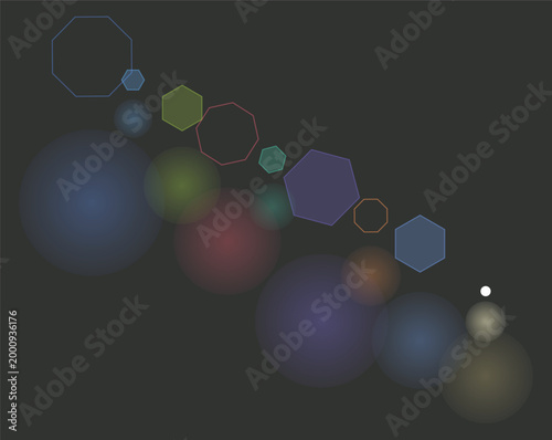 Geometric Aperture Iris Lens Flare with Polygonal Light Shapes. Technical lens flare illustration showing internal iris reflections and sharp polygonal aperture shapes.