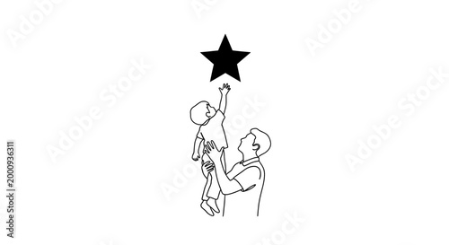 Father holding his young child up to reach for a star.