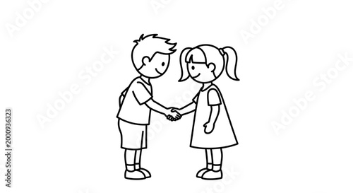 A black and white line drawing of a young boy and a young girl shaking hands.