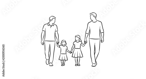 A gay couple walking with their two daughters holding hands.