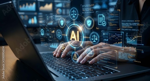 Hands typing on laptop with AI Policy and Regulation digital dashboard.